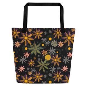Cosmic Flower (Black Background) - Large Tote Bag With Inside Pocket (Yellow/Black Handles)