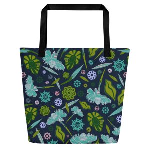 Ginger Torch Pattern Cool Tones (Navy Background) - Large Tote Bag With Inside PocketLarge Tote Bag