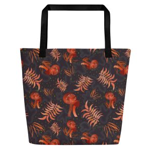 Red Mushroom Wonderland (Black) - Large Tote Bag With Inside Pocket