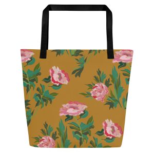 Peony Power (Mustard) – Large Tote Bag With Inside Pocket (Yellow/Black/Red Handles)