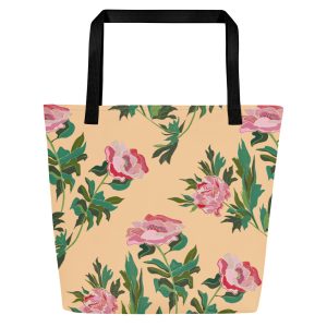 Peony Power (Peach – Large Tote Bag With Inside Pocket (Black/Red Handles)