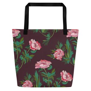 Peony Power (Red Wine) – Large Tote Bag With Inside Pocket (Yellow/Black/Red Handles)