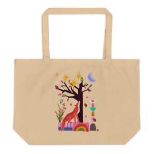 Animal Series: Fox Under the Moon Large Organic Cotton Tote Bag (Oyster)