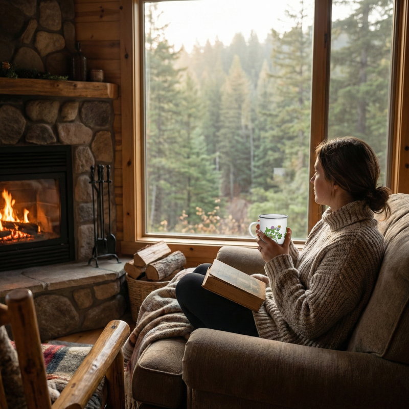 Cozy Cabin Scene Enamel Mug Lifestyle2 Cozy Cabin Scene Enamel Mug Lifestyle2