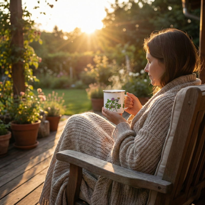 Sunset Patio Scene Enamel Mug Lifestyle2 Sunset Patio Scene Enamel Mug Lifestyle2